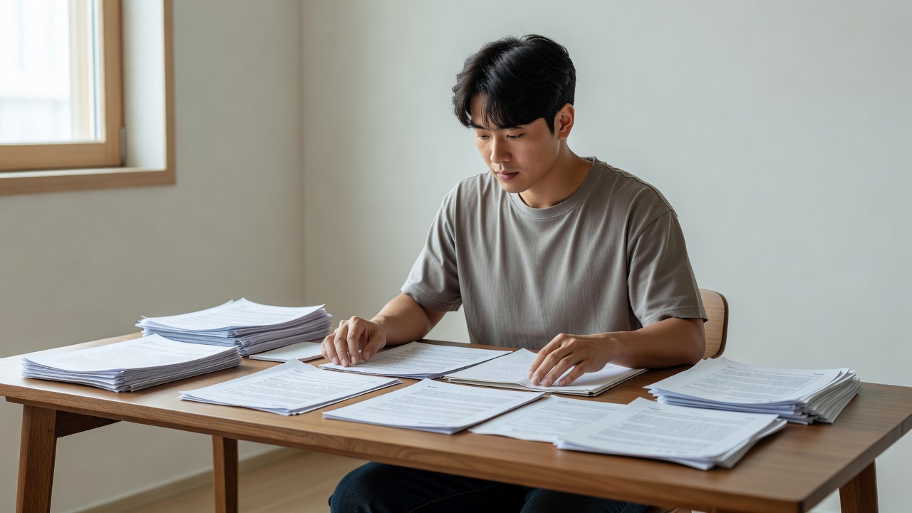 경력 단절 코칭 준비 서류를 정리하는 청년